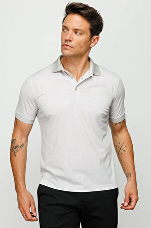 Erkek Polo Yaka Keten Baskılı T-shirt Bej