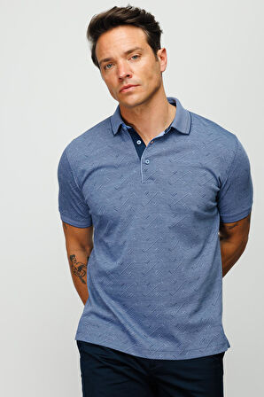 Erkek Polo Yaka Jakarlı Düğmeli T-shirt Lacivert