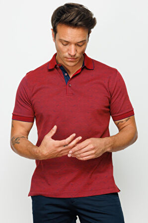 Erkek Polo Yaka Jakarlı Düğmeli T-shirt Bordo