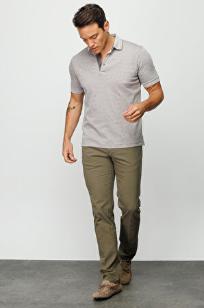 Erkek Polo Yaka Jakarlı Düğmeli T-shirt Bej