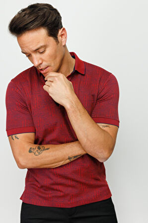 Erkek Polo Yaka Jakarlı Kısa Kollu T-shirt Bordo