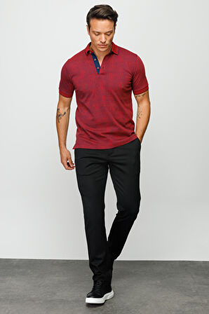 Erkek Polo Yaka Jakarlı Kısa Kollu T-shirt Bordo