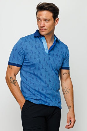 Erkek Polo Yaka Yelken Desenli T-shirt Saks