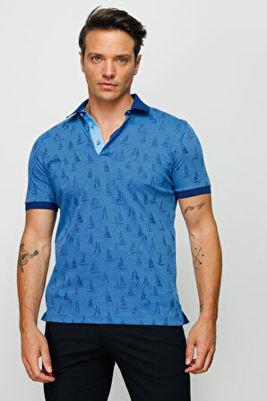 Erkek Polo Yaka Yelken Desenli T-shirt Saks