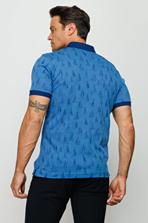 Erkek Polo Yaka Yelken Desenli T-shirt Saks