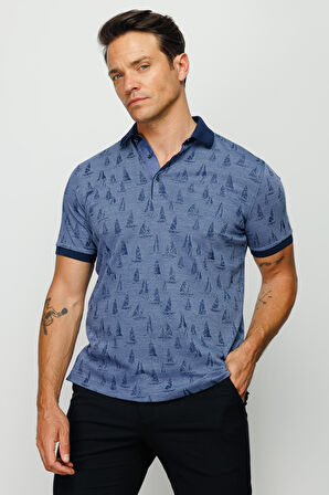Erkek Polo Yaka Yelken Desenli T-shirt Lacivert