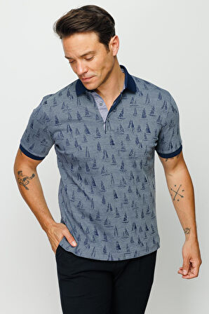 Erkek Polo Yaka Yelken Desenli T-shirt Füme