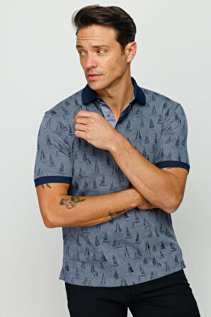 Erkek Polo Yaka Yelken Desenli T-shirt Füme