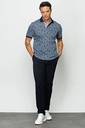 Erkek Polo Yaka Yelken Desenli T-shirt Füme