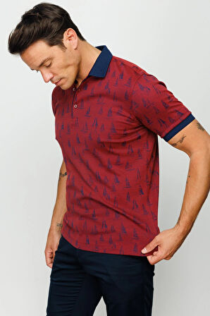 Erkek Polo Yaka Yelken Desenli T-shirt Bordo