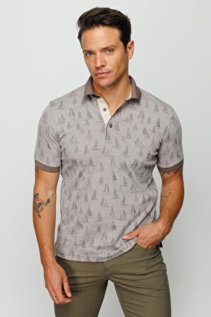 Erkek Polo Yaka Yelken Desenli T-shirt Bej