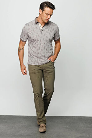 Erkek Polo Yaka Yelken Desenli T-shirt Bej