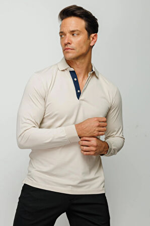 Erkek Polo Yaka Uzun Kollu Sweatshirt Taş