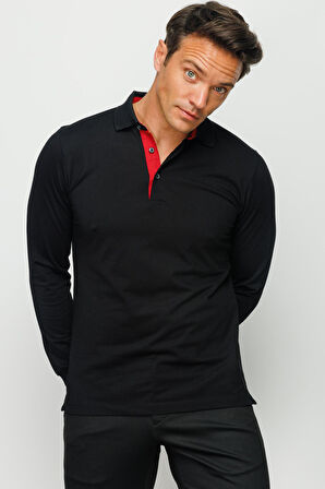 Erkek Polo Yaka Uzun Kollu Sweatshirt Siyah