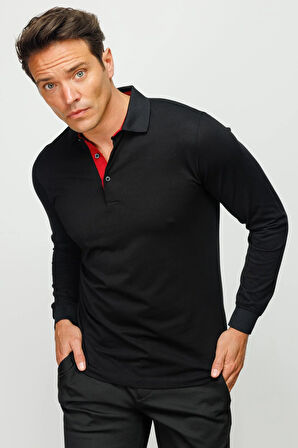 Erkek Polo Yaka Uzun Kollu Sweatshirt Siyah