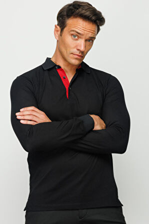Erkek Polo Yaka Uzun Kollu Sweatshirt Siyah