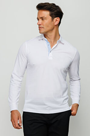 Erkek Polo Yaka Uzun Kollu Sweatshirt Beyaz