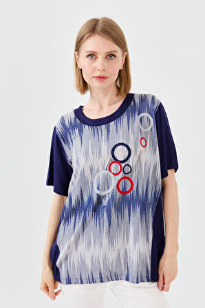 Kadın Sıfır Yaka Halka Desenli Penye T-shirt Lacivert