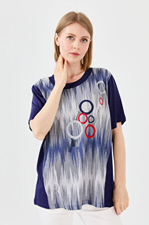 Kadın Sıfır Yaka Halka Desenli Penye T-shirt Lacivert