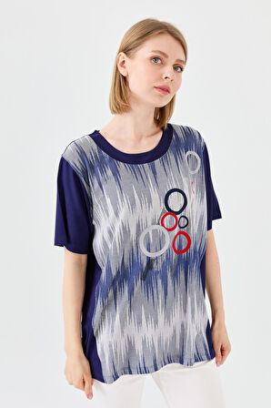 Kadın Sıfır Yaka Halka Desenli Penye T-shirt Lacivert