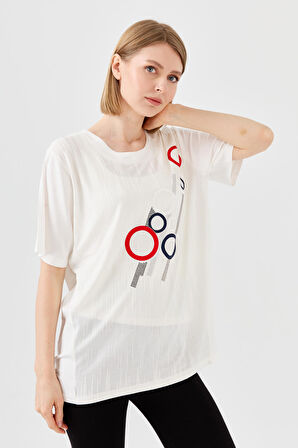 Kadın Sıfır Yaka Halka Desenli Penye T-shirt Kemik