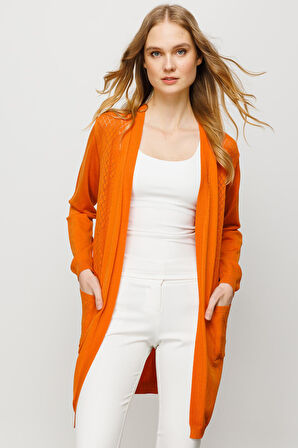 Kadın Önü ve Arkası Şeritli Yazlık Hırka Oranj