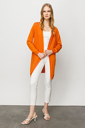 Kadın Önü ve Arkası Şeritli Yazlık Hırka Oranj