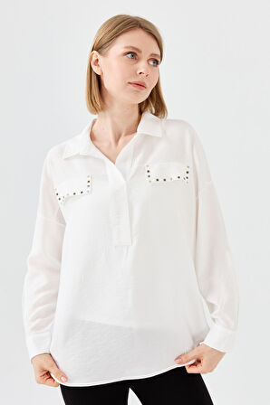 Kadın Polo Yaka Cepli Bluz Ekru