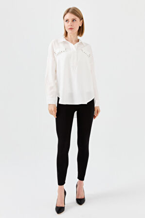 Kadın Polo Yaka Cepli Bluz Ekru