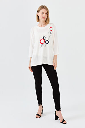 Kadın Sıfır Yaka Önü Desenli Penye Bluz Kemik