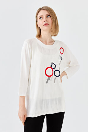 Kadın Sıfır Yaka Önü Desenli Penye Bluz Kemik