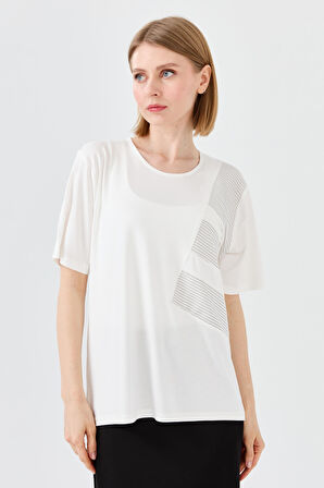 Kadın Sıfır Yaka Zincir Kumaşlı Penye T-shirt Kemik