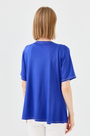 Kadın Sıfır Yaka Önü Ahşap Düğmeli Penye T-shirt Saks