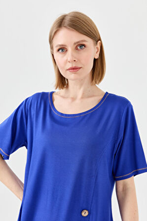 Kadın Sıfır Yaka Önü Ahşap Düğmeli Penye T-shirt Saks