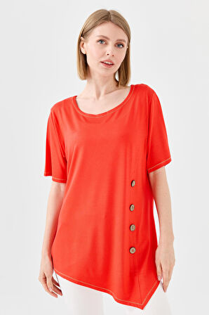 Kadın Sıfır Yaka Önü Ahşap Düğmeli Penye T-shirt Oranj