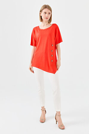 Kadın Sıfır Yaka Önü Ahşap Düğmeli Penye T-shirt Oranj