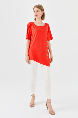 Kadın Sıfır Yaka Önü Ahşap Düğmeli Penye T-shirt Oranj
