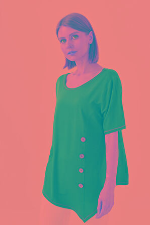 Kadın Sıfır Yaka Önü Ahşap Düğmeli Penye T-shirt Lacivert