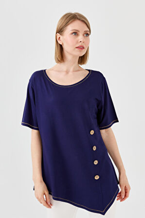 Kadın Sıfır Yaka Önü Ahşap Düğmeli Penye T-shirt Lacivert