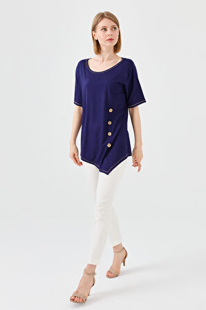 Kadın Sıfır Yaka Önü Ahşap Düğmeli Penye T-shirt Lacivert