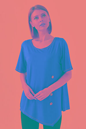 Kadın Sıfır Yaka Önü Ahşap Düğmeli Penye T-shirt Bordo