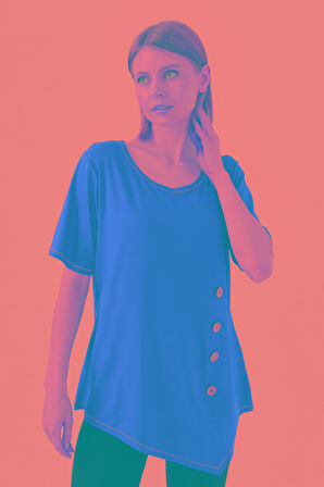 Kadın Sıfır Yaka Önü Ahşap Düğmeli Penye T-shirt Bordo