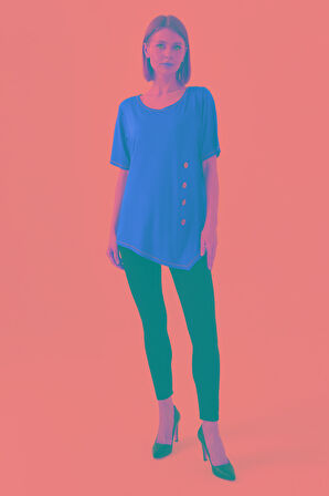 Kadın Sıfır Yaka Önü Ahşap Düğmeli Penye T-shirt Bordo