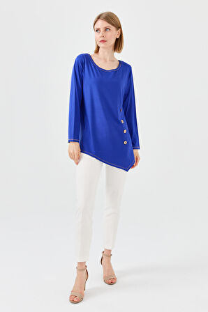 Kadın Sıfır Yaka Önü Ahşap Düğmeli Penye Bluz Saks