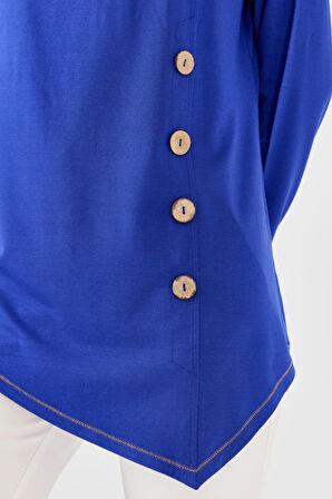 Kadın Sıfır Yaka Önü Ahşap Düğmeli Penye Bluz Saks