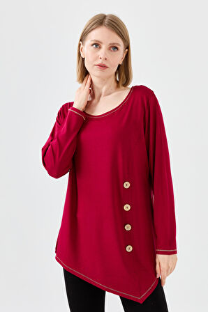 Kadın Sıfır Yaka Önü Ahşap Düğmeli Penye Bluz Bordo