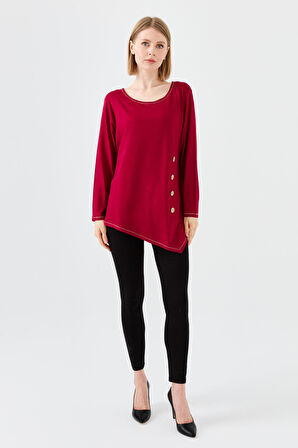 Kadın Sıfır Yaka Önü Ahşap Düğmeli Penye Bluz Bordo