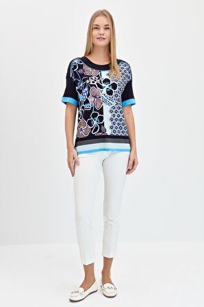 Kadın Çiçek Desenli Penye T-shirt Lacivert