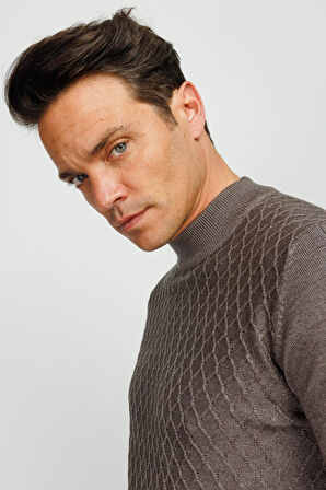 Erkek Yarım Balıkçı Yaka Petek Desenli Kazak A.Kahve