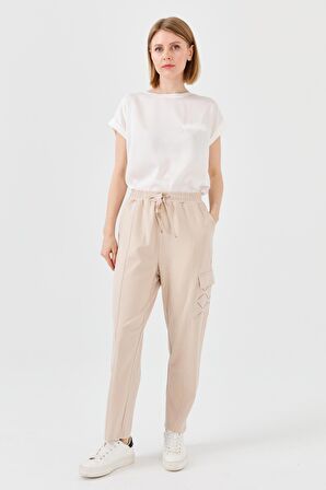 Kadın Triko Taş Baskılı Pantolon Bej